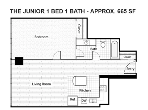 Floor plan for 1 bed, 1 bath, 665 sqft